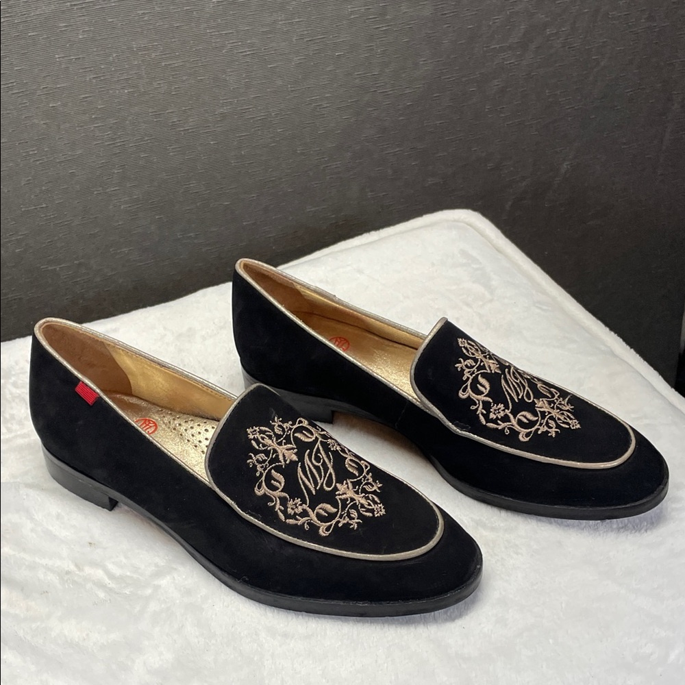 Marc Joseph Black Velvet Loafers with Elegant‎ Gold Design Embroidered